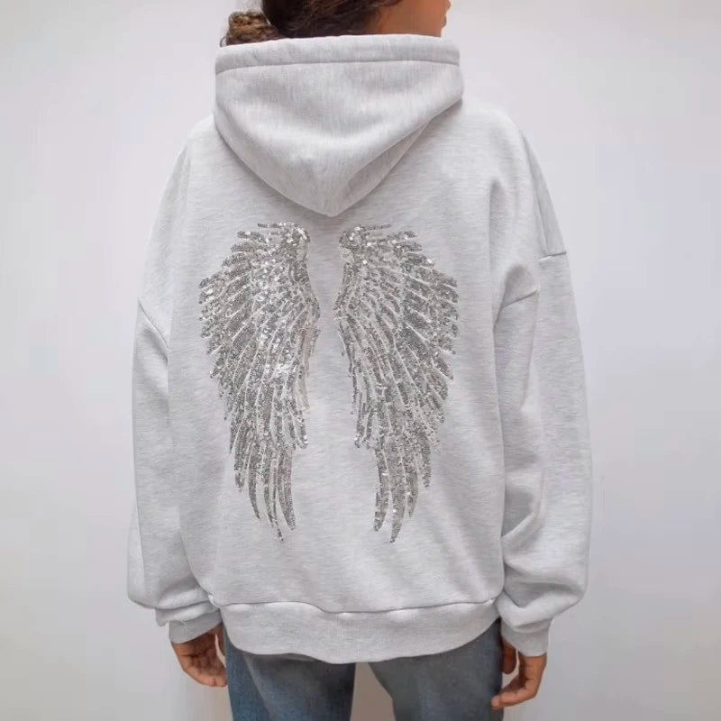 Spring Autumn Women's Hoodie Trousers 2piece Set Solid Vintage Shiny Wing Print Long Sleeve Zip Up Casual Sweatshirt Streetwear