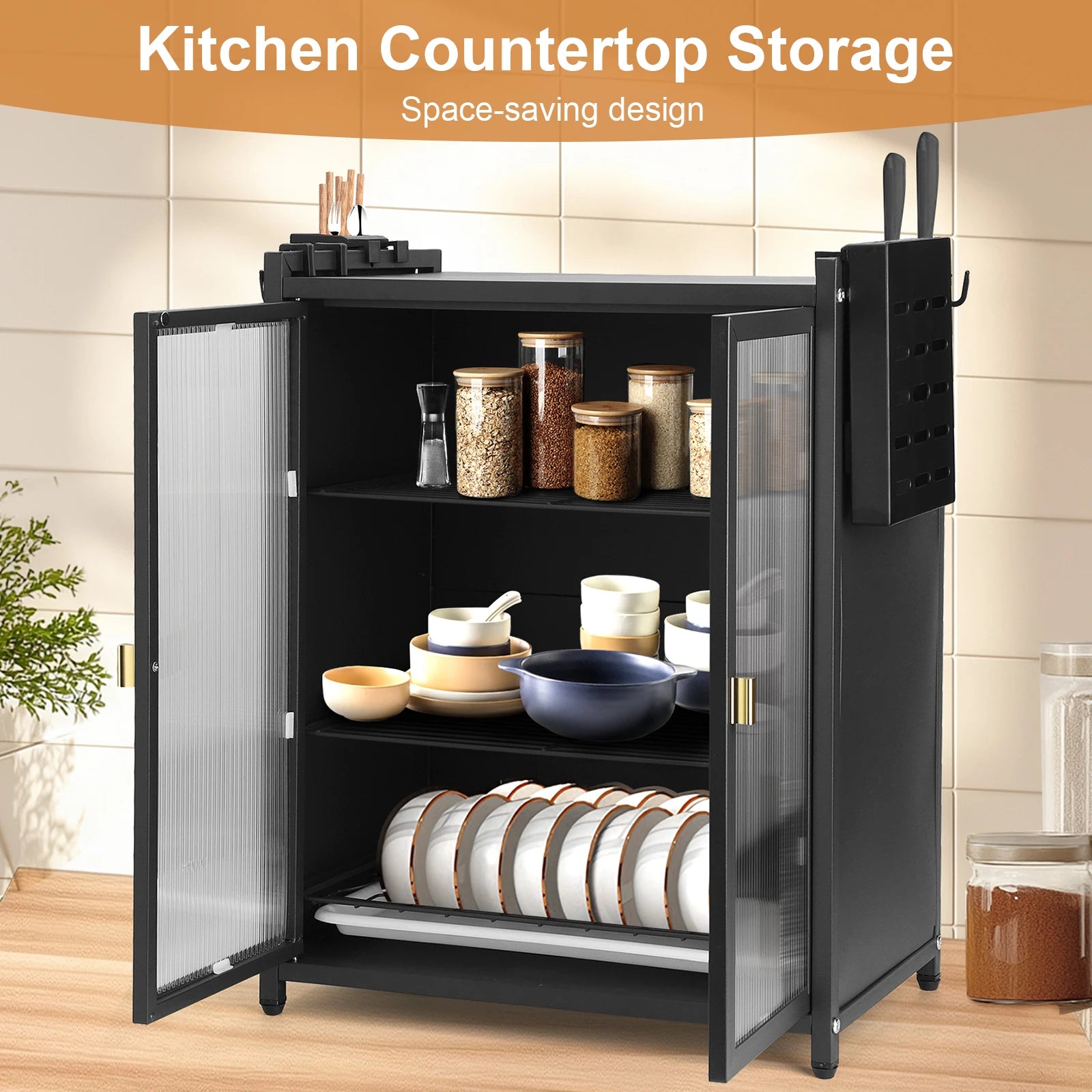 3-Tier Kitchen Countertop Cabinet with Double Door Drainer Cabinet with Chopstick Baskets Kitchen Organizer