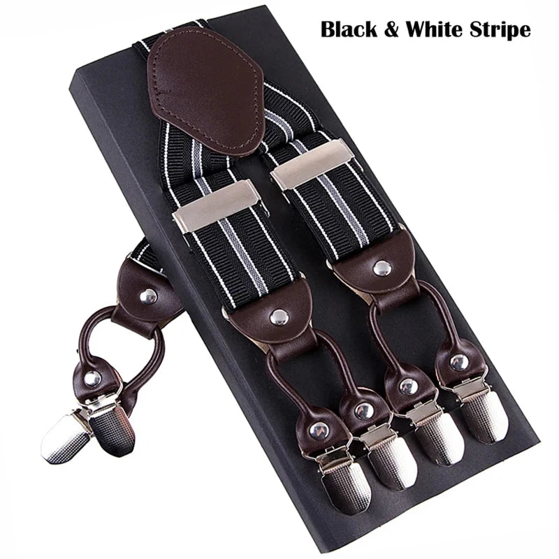 Men's Casual Fashion Leather Suspenders Adjustable High Quality Belt Strap Braces with 6 Clips