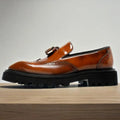 British Style Genuine Leather Platform Square Toe Carving Slip On Dress Shoes Handmade Cowhide Tassels Solid Color Men Loafer