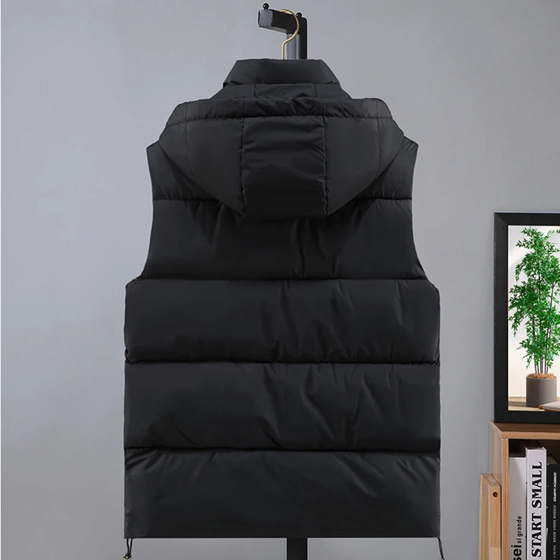 4XL Plus Size Men Vests Winter Thicken Warm Hooded Waistcoat Casual Loose Black Padded Vest Big Size