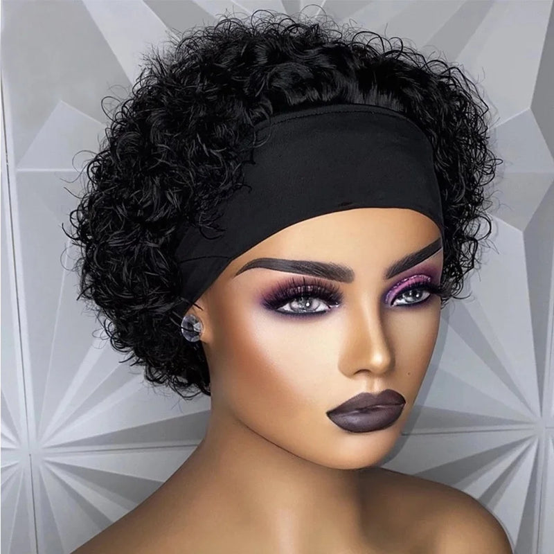 Short Curly Pixie Cut Headband Wig Remy Brazilian Human Hair Wigs For Black Women Machine Made Wig