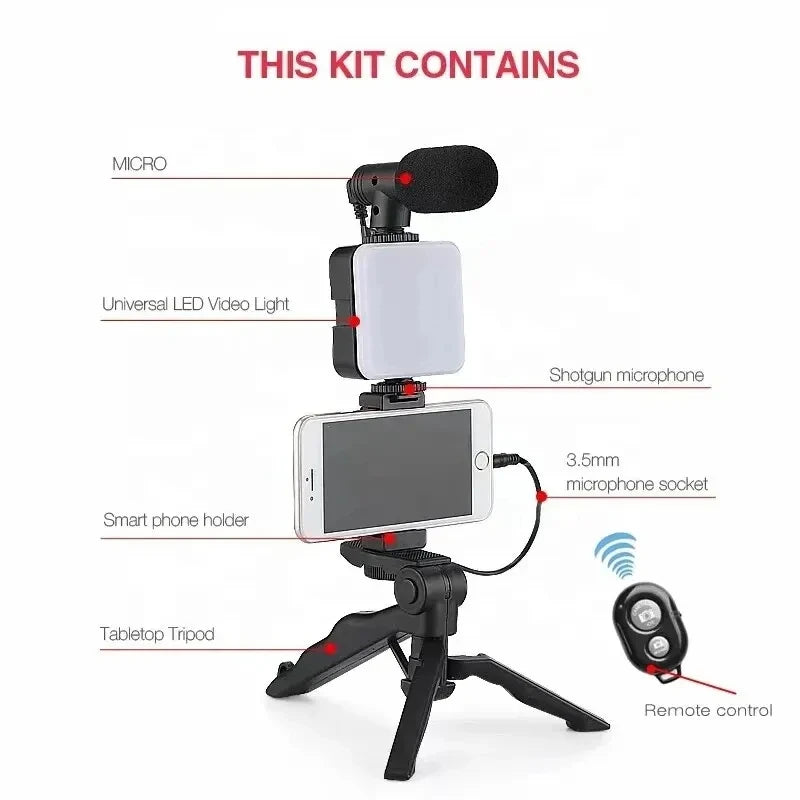Smartphone Vlogging Kit With Tripod Phone Holder Mini Mic LED Fill Light Starter For Live Stream Video YouTube
