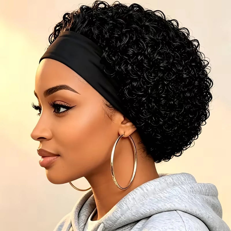 Headband Short Pixie Cut Wigs Human Hair for Women Curly Wigs Water Wave Bazilian Hair Full Machine Made Cap for Daily Wear