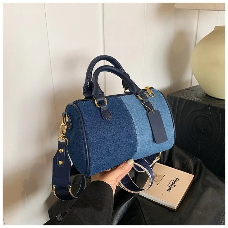 Patchwork Colorblock Mini Handbags For Women Denim Shoulder Cross Body Bags Casual Street Small Boston Bag 2025 Designer Purses