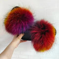 Women Real Raccoon Fur Slides Fluffy Luxury Furry Open Toe Slippers Indoor Outdoor Summer Sandals Non Slip Soft Comfy Sole Cozy