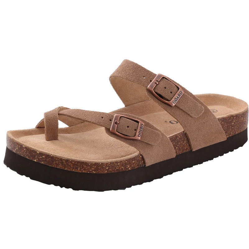 Evshine Leather Cork Footed Clogs Sandals For Women Fashion Flat Mules Slippers with Arch Support Men Double Buckle Cork Slides