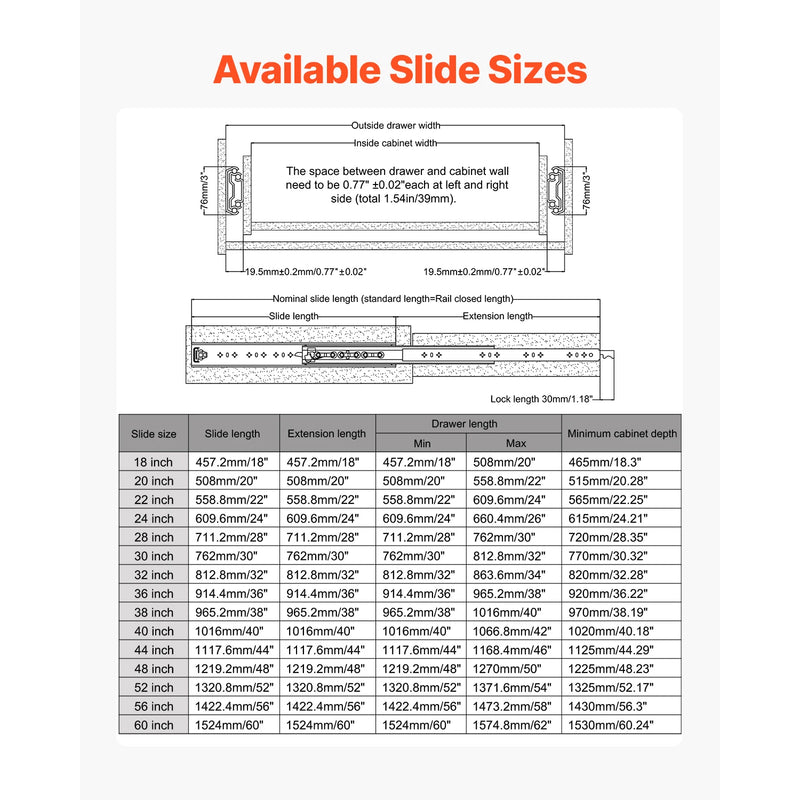 SucceBuy 1 Pair Full Extension Drawer Slides 500lbs Load | SAMAG