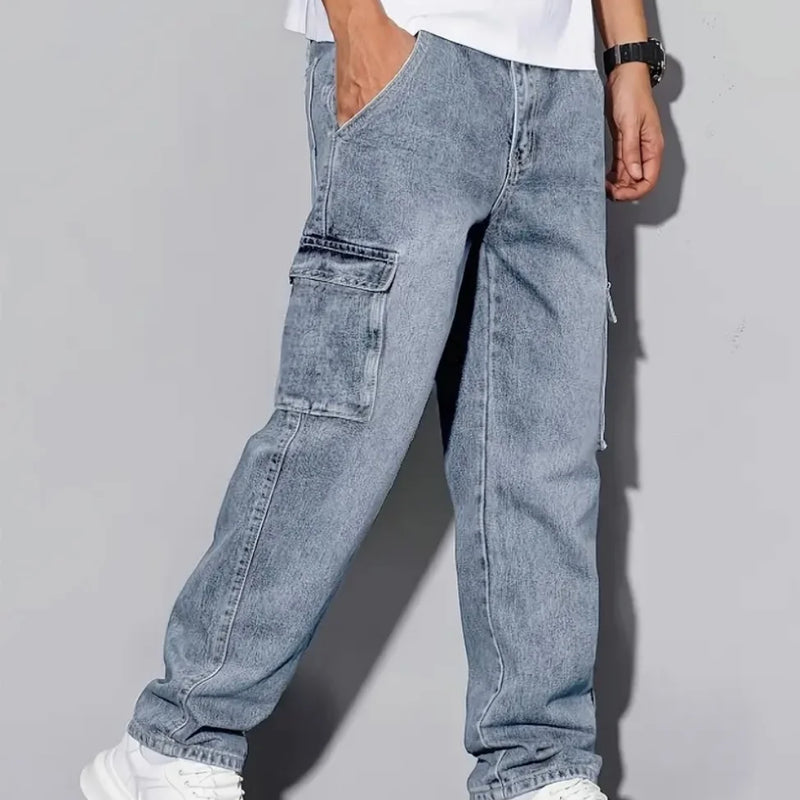 Men's American Retro Casual Cargo Jeans, Loose Fit, Solid | SAMAG