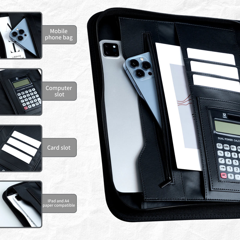 New A4 Portfolio 4 Ring Binder with Zipper, PU Leather Padfolio Document Organizer with Storage, Professional Business Briefcase