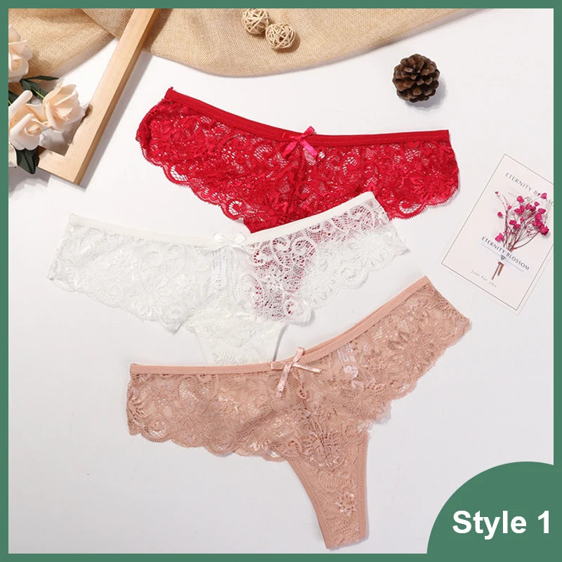 3 Pcs Woman Panties Sexy Lace Thong Underwear Lingerie Female T-back Temptation Low Waist Women Transparent G String