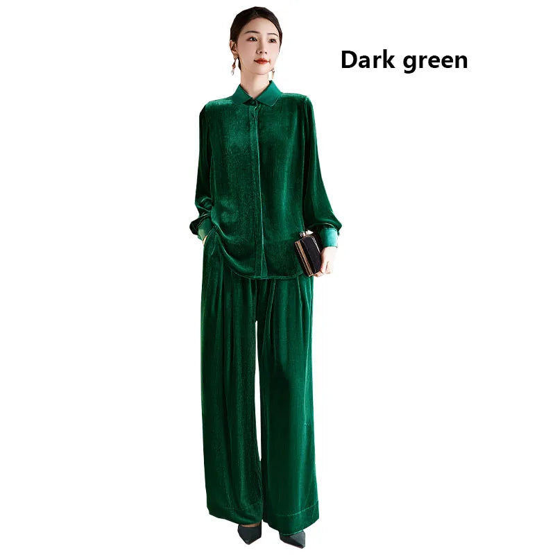 Silk Velvet Spring Autumn Ladies Set Long Sleeves and Trousers Two Pieces Elegant Temperament Light Luxury Outdoor Women's Wear