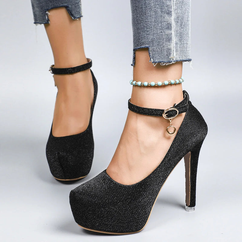 Women's High Heels 2025 New Style Semi-Uppered Thin Heel Waterproof Platform Buckle Fashion Shoes Large Size Strap Shoes