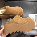 Women's Suede Platform Mules Round Toe Thick Chunky Sole Cotton Lined Warm Clogs Backless Slides Casual Height Increasing Shoes