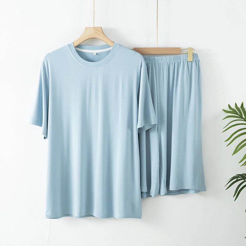2pcs Men's Pajama Set Minimalist Solid Style Bamboo Fiber Fabric Short Sleeve Shorts Lightweight Soft Breathable Loungewear Set