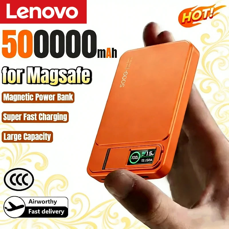 Lenovo 500000mAh Magnetic Power Bank Wireless Super Fast Charging External Battery for Magsafe Powerbank for iPhone 17/16/15/14