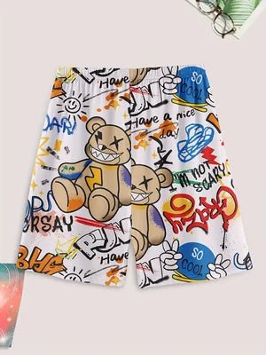 Men's casual pajama set, bear and letter printed T-shirt and shorts, comfortable summer sleepwear