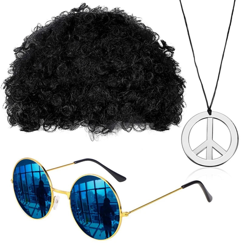 Men Synthetic Wig Hat Curly Hair Cap Sunglasses Necklace 3 PCS Set Funny 70s Disco Hippie Hair Props Party Hip Hop Dance Costume