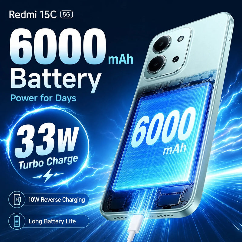2026 new Redmi 15C 5G 8GB+256GB Smartphone, Dimensity 6300, 120Hz Display, 50MP AI Camera, 6000mAh Battery, 33W Turbo Charge