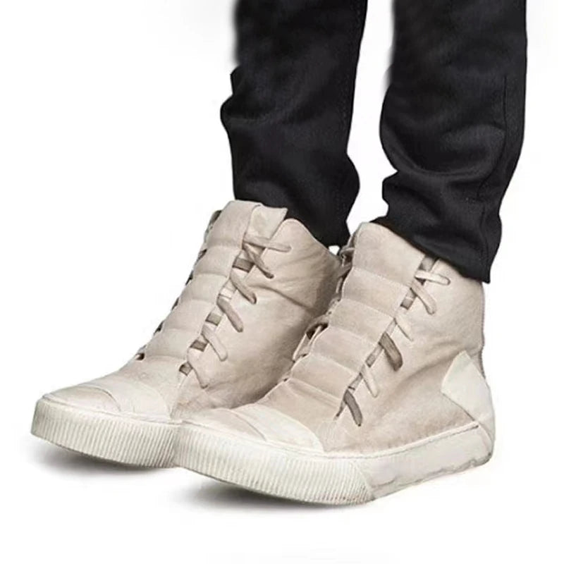 Retro Mixed Color Men Ankle Boots Handmade Genuine Leather High-top Men Sneakers Dark Black Street Style Fashion Men Flat Shoes