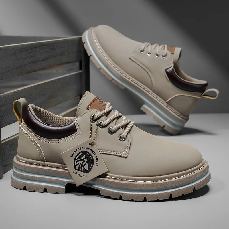 Men's Low-Top Solid Color Fashionable Business Casual Shoes, Non-Slip, Wear-Resistant, Textured Thick-Soled Casual Work Boots, Suitable for Daily Commuting, Walking, and Camping