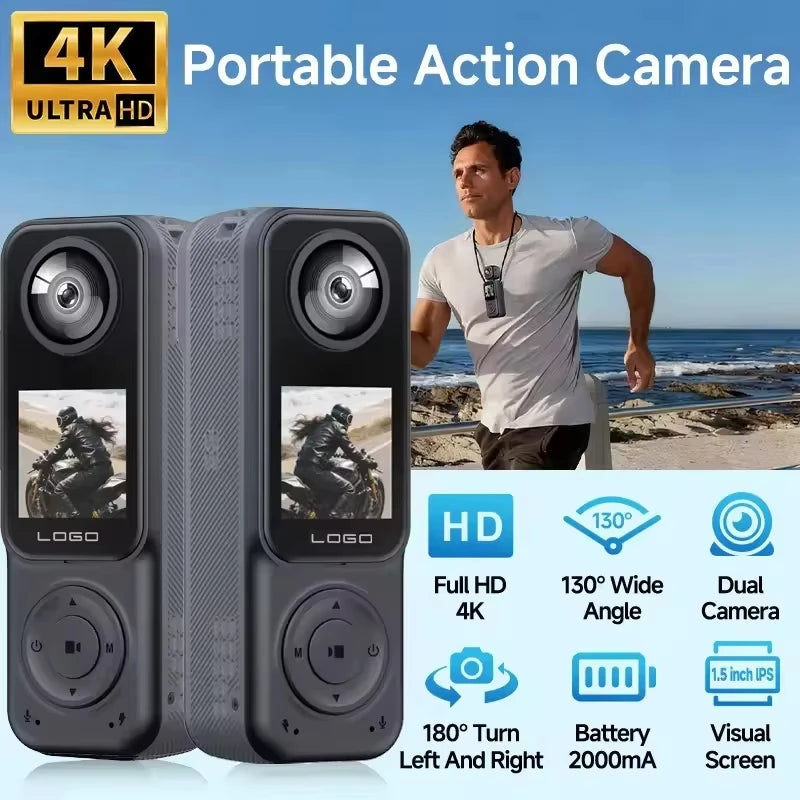 4K+2K Dual Lens Action Camera, Front & Rear WiFi Sports Cam, 130° Wide Angle Night Vision Camera for Motorcycle Helmet Vlog