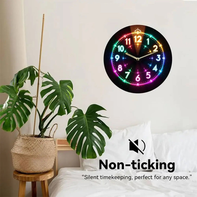 Creative 2D Flat Wall Clock Round LED Digital Display Wooden Alarm Clock Early Education Silent Electronic Color Clock Learning