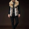 Men's Faux Fur Vest Slim Fit Lapel Big Fur Collar Short Waistcoat Men Jacket  Brown Leather Jacket Winter Warm Coat