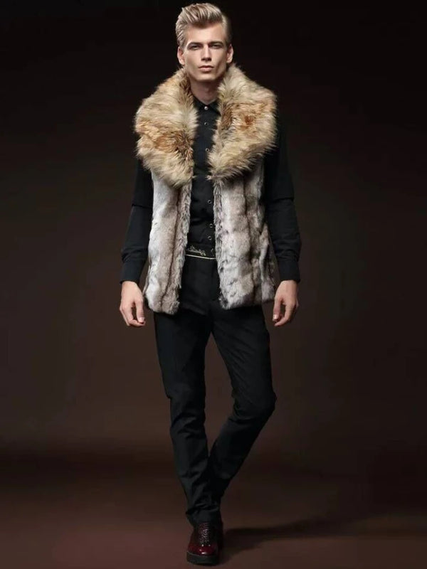 Men's Faux Fur Vest Slim Fit Lapel Big Fur Collar Short Waistcoat Men Jacket  Brown Leather Jacket Winter Warm Coat