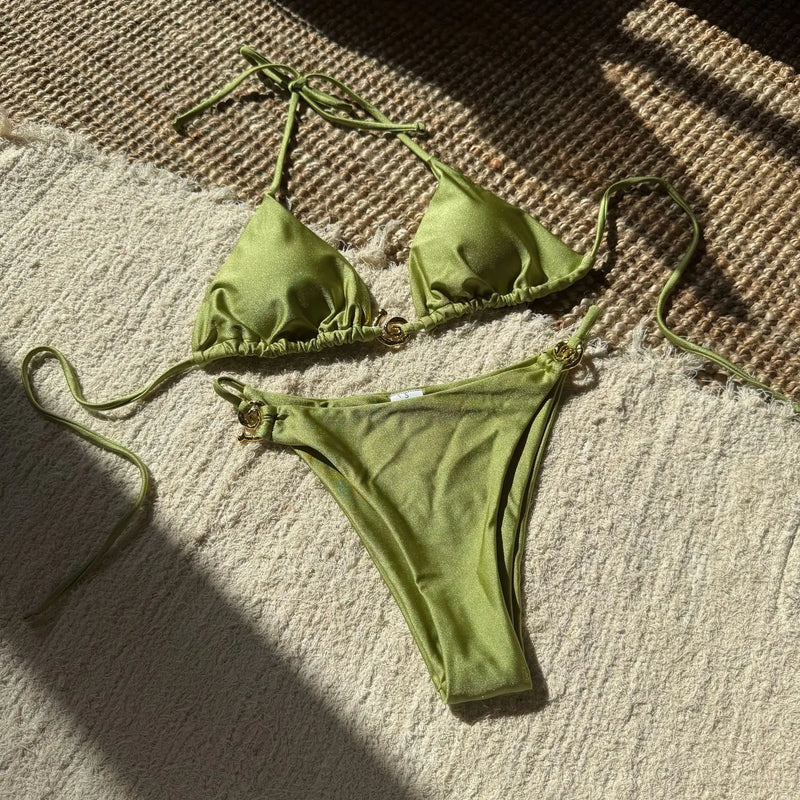 Sexy glitter metal halter tie bikinis sets two pieces | SAMAG