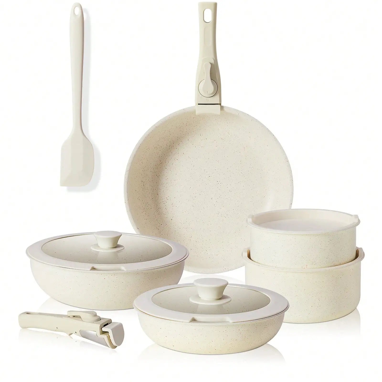 Pots And Pans Set Modern Minimalist Nonstick Cookware Set Beige Granite Coating Creamy White 12 Pcs Stackable Induction Cookware With Detachable Handle Oven Safe Space Saving For Kitchen RV Camping Cooking