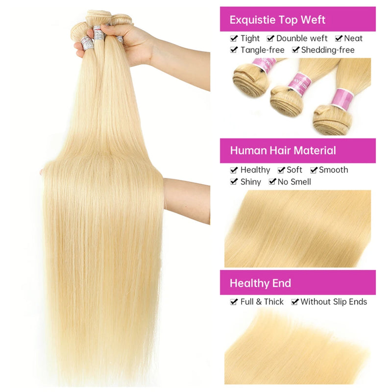 613 Honey Blonde Colored Human Hair Bundles Bone Straight Peruvian Human Hair Extensions Bundles Deal 30 32 34 36 38 40 inches 100% Unprocessed Human Hair 1/3/4 Bundles Super Double Weft Wholesale Hair