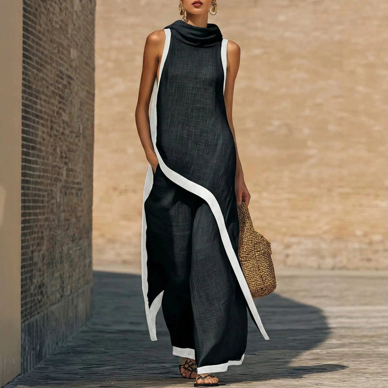 2026 New European American Women's Two-Piece Set: Solid Sleeveless Blouse with High Waist Pants, Elegant Casual Matching Outfit