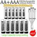New 1.5V AAA 3600mAh+AA 5800mAh Lithium Ion Rechargeable Battery Fast Charging USB-C Li-ion Batteries 2000 Cycle with Free Cable