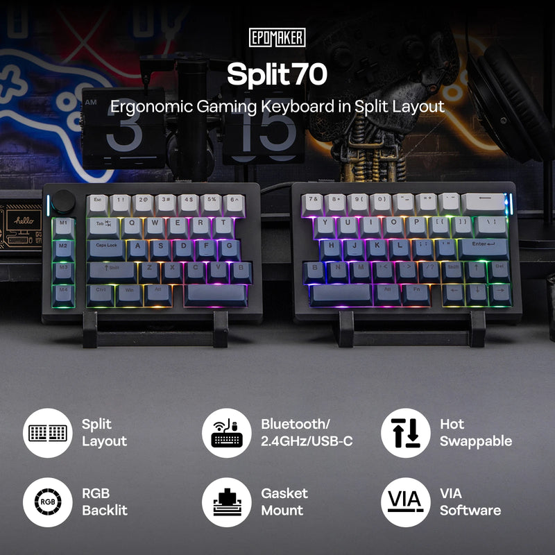 EPOMAKER Split70 QMK/VIA 70% Split Layout Wired/BT/2.4Ghz Wireless Mechanical Keyboard with Programmable Knob Mac Modifier