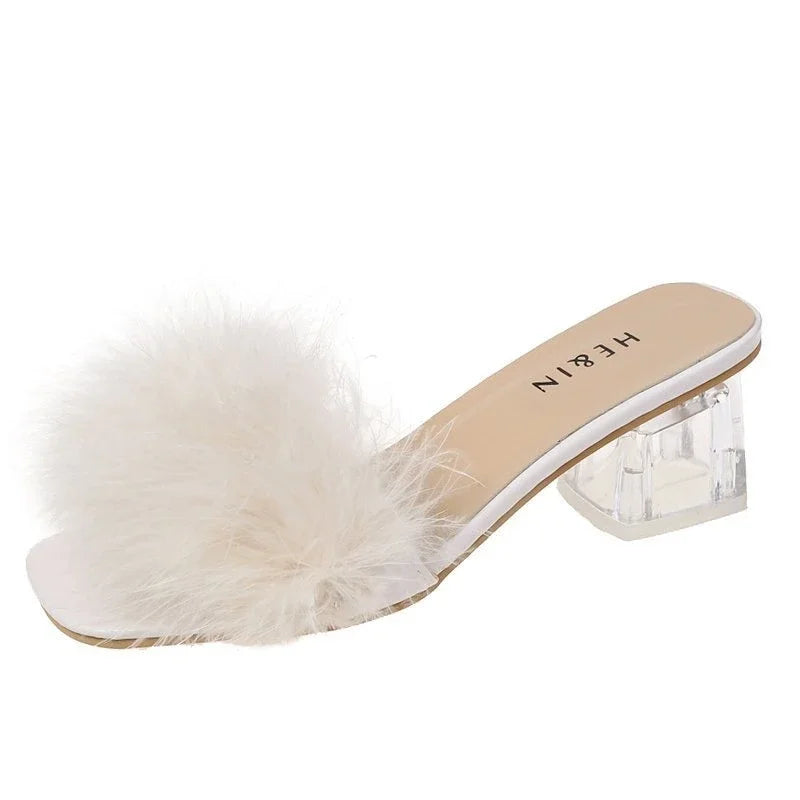 Fashion Slippers Women's Summer New Open Toe Plush Fox Fur Chunky with Flip Flops Sexy Home Banquet Square Toe Simple Pumps