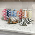 40Oz Stainless Steel Mug Coffee Cup Thermal Travel Car Auto Mugs Thermos Tumbler with Handle Chessboard  Chequer Fashion 1200ml