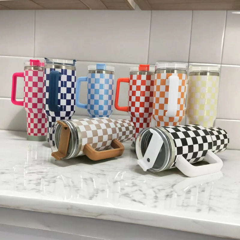 40Oz Stainless Steel Mug Coffee Cup Thermal Travel Car Auto Mugs Thermos Tumbler with Handle Chessboard  Chequer Fashion 1200ml