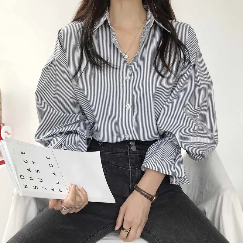 Women Blue Striped Blouses and Shirts Korean Style Y2k - View 3 | SAMAG