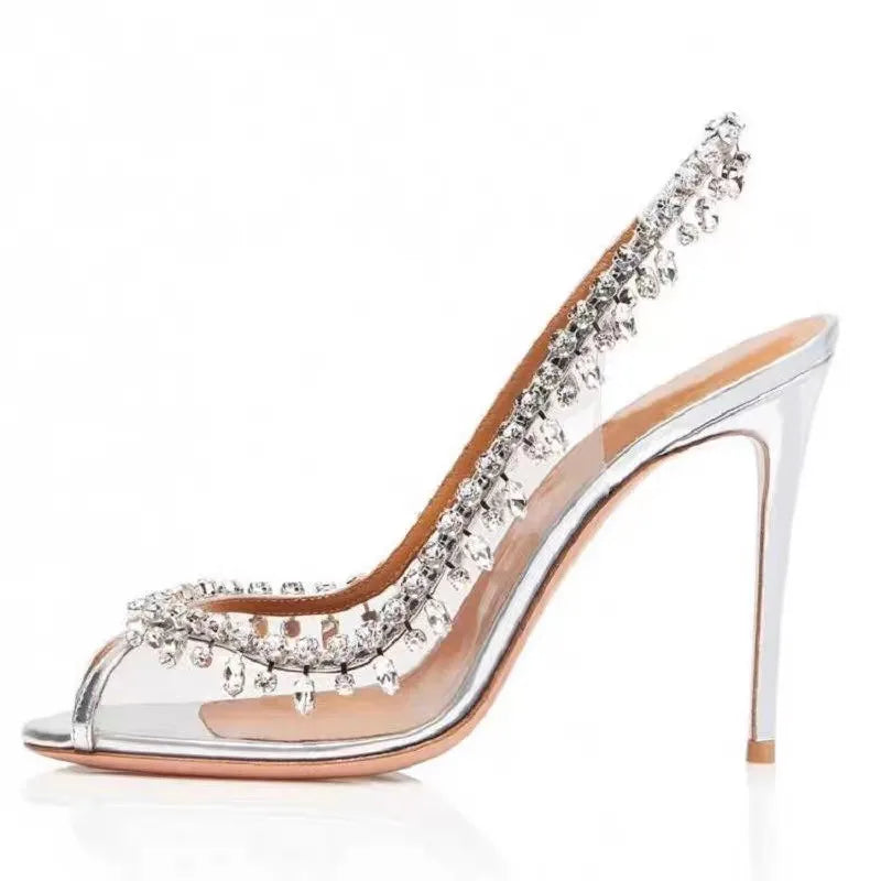 Fashion Women's Pumps and Heels Fish Mouth Transparent Band Rhinestone Chain Trend Stiletto Heel Womens Shoes Sandalias De Mujer