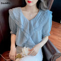 Vintage Summer Chiffon Blouses Women Elegant Korean | SAMAG