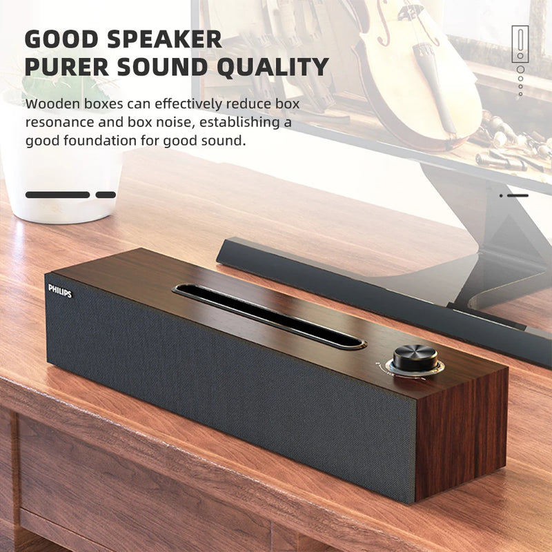 Philips SPA 3808 SoundBar Features a Simple Wood Grain Design  HIFI Sound Quality 3D Audio Effect And Built-in Sound Card