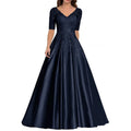 A Line Women Evening Dresses Satin Appliques V Neck Prom | SAMAG