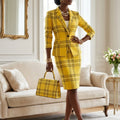Women's Lapel Single Button Three Quarter Plaid Blazer Matching Pencil Midi Skirt For Office Business Daily Working Formal Fashion Occasions