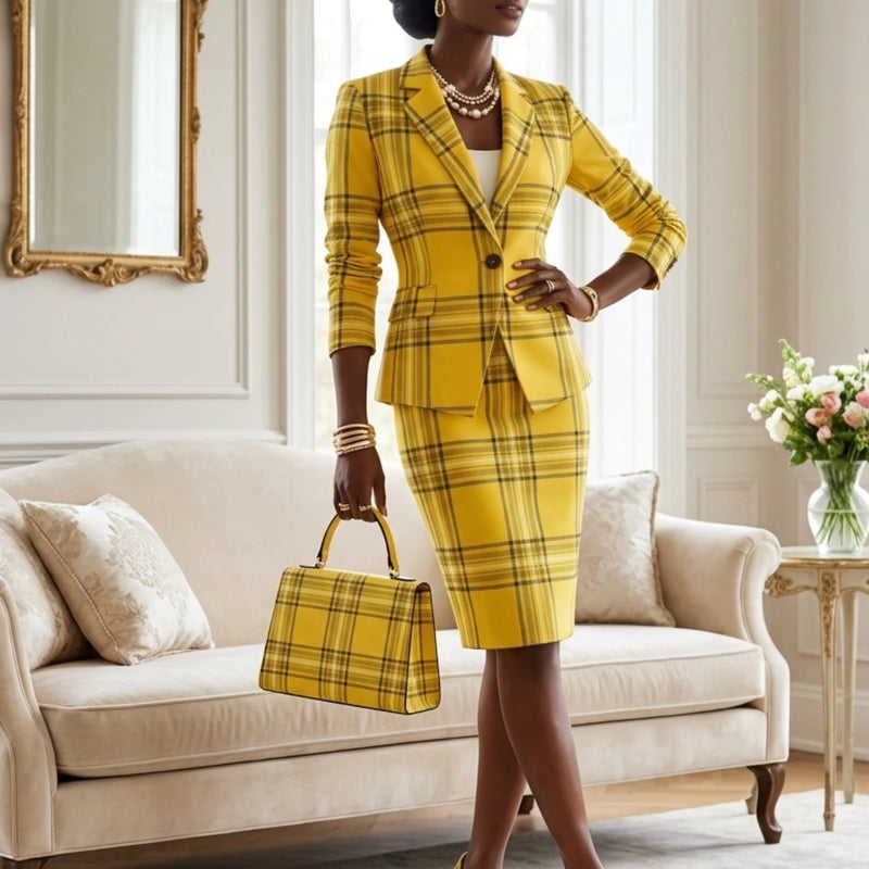Women's Lapel Single Button Three Quarter Plaid Blazer Matching Pencil Midi Skirt For Office Business Daily Working Formal Fashion Occasions