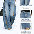 Women High Waist Wide Leg Jeans, Side Cutout Eyelet Rivet Denim Pants Loose Fit Hollow Out Flared Trousers Streetwear Fashion Baggy Jeans with Pockets