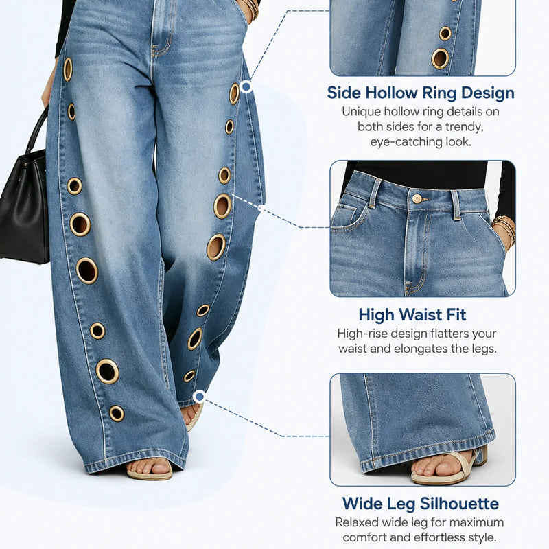 Women High Waist Wide Leg Jeans, Side Cutout Eyelet Rivet Denim Pants Loose Fit Hollow Out Flared Trousers Streetwear Fashion Baggy Jeans with Pockets