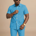 Navy Blue Striped Men Suits Chic Stand Collar Short Sleeves Wear Single Breasted Office Business Casual Male Suit 2 Piece
