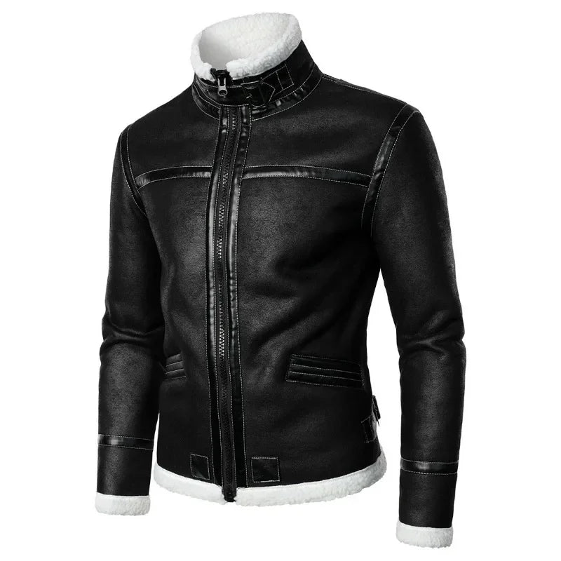 Winter Men Fleece-Lined Thicken Fur Integrated Leather New Men Leather Clothing with Stand Collar Lambswool Leather Jacket