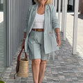 Summer New Solid Color Long Sleeve Shorts For Women's Suit Set Stylish Cardigan Female Office Suit 2 Piece Set